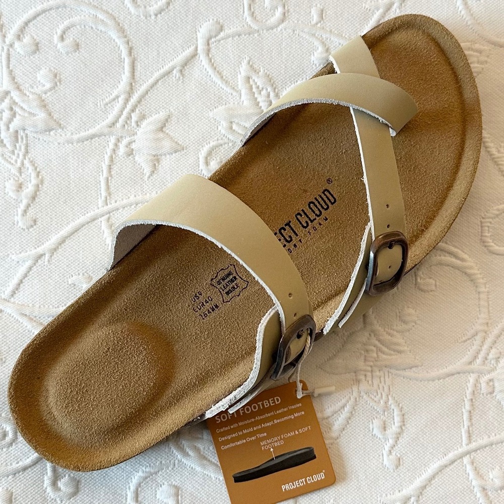 Project Cloud Womens Beige Lian Leather Memory Foam Toe Loop Sandals Size 9 - Picture 2 of 12